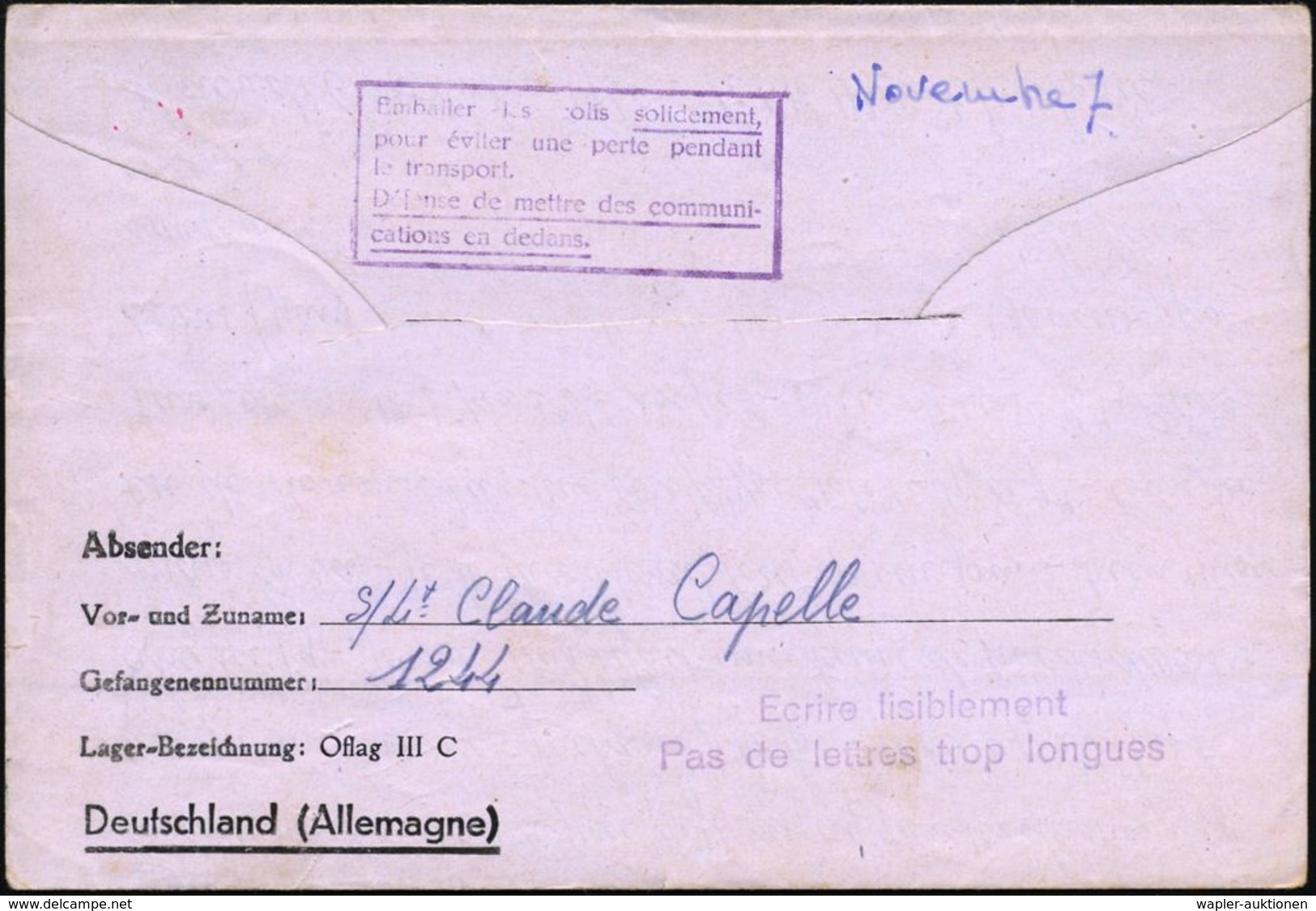 Alt-Drewitz 1940 (13.11.) Stummer 2K-Steg = Tarnstempel Alt-Drewitz + Viol. 1K-HdN: Kommandantur Oflag III C + Zensur-Ov - Rode Kruis