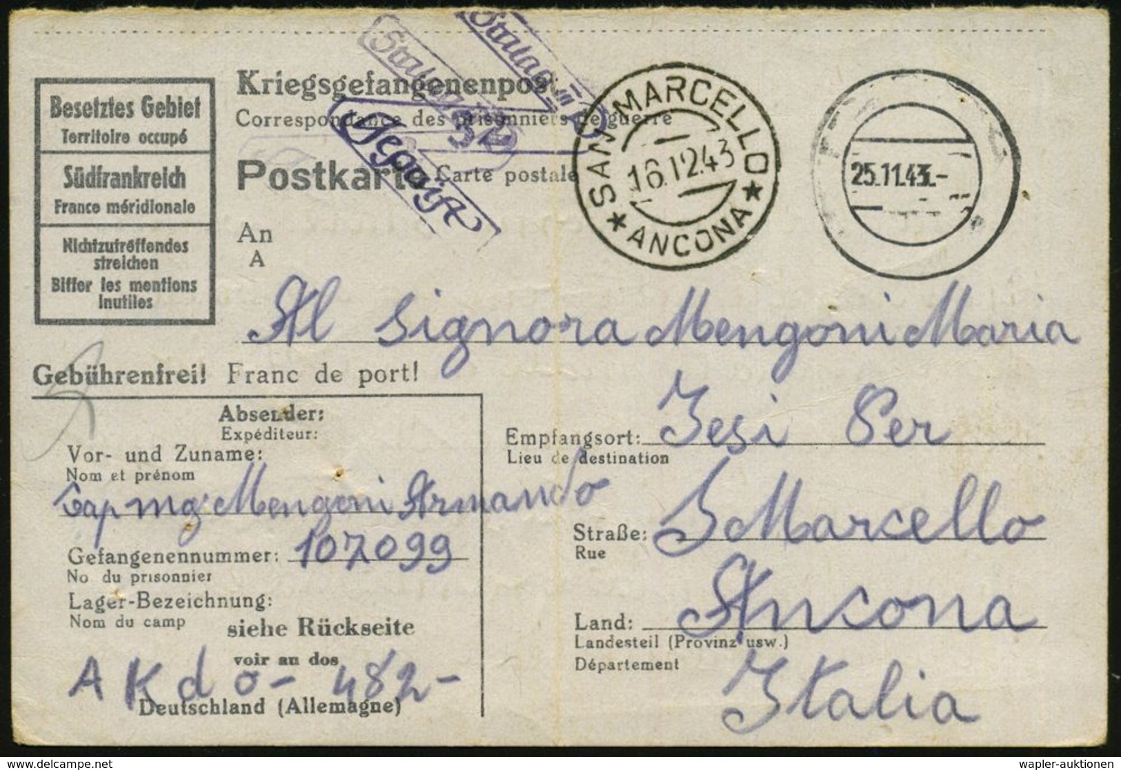 Berlin-Lichterfelde 1943 (25.11.) Stummer 2K-Steg = Tarnstempel Bln-Lichterfelde Süd + Viol. Ra.: Geprüft + Viol. Ra.: S - Croce Rossa