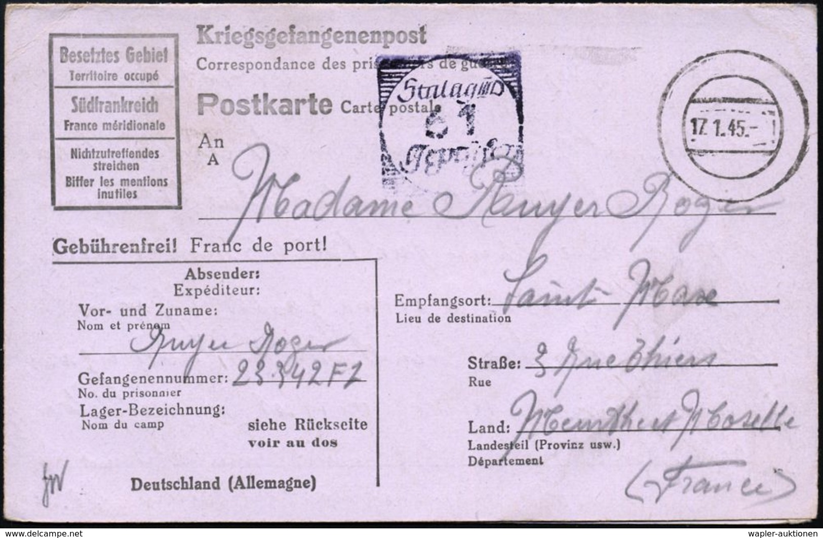 Berlin-Lichterfelde 1945 (17.1.) Stummer 2K-Steg = Tarnstempel Berlin-Lichterfelde + Viol. Ra.: Stalag III D/61/Geprüft  - Red Cross