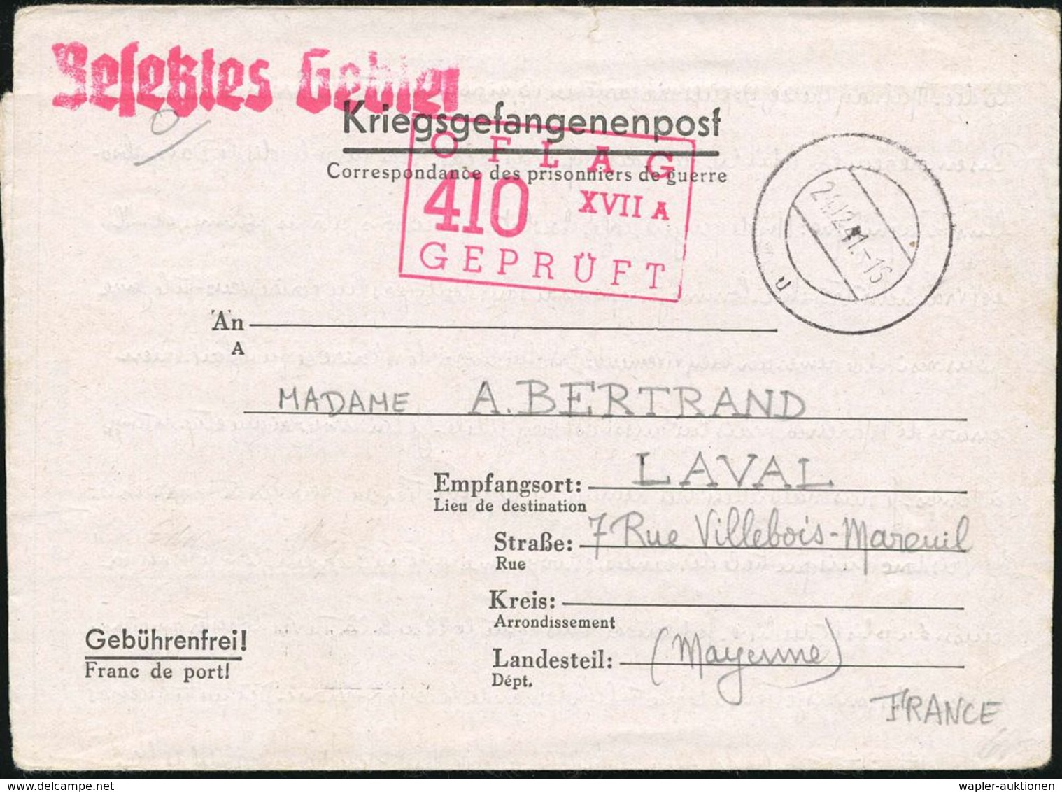 Edelbach 1941 (24.12.) Stummer 2K-Steg = Tarnstempel Edelbach + Roter 1L: Besetzes Gebiet + Roter Zensur-Ra.3: OFLAG/410 - Rotes Kreuz