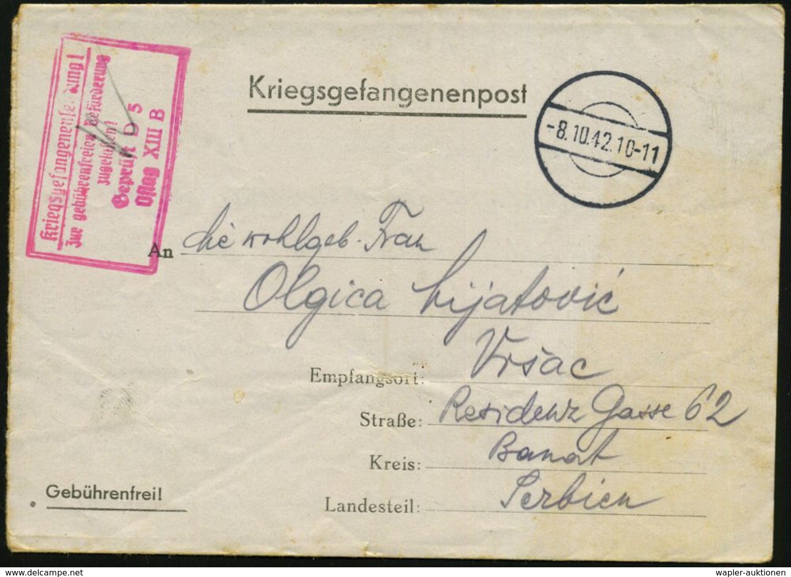 Nürnberg 1942 (8.10.) Stumme 1K-Brücke = Tarnstempel Nürnberg + Roter Ra.5: .. Geprüft D 5/Oflag XIII B = Nürnberg-Langw - Red Cross