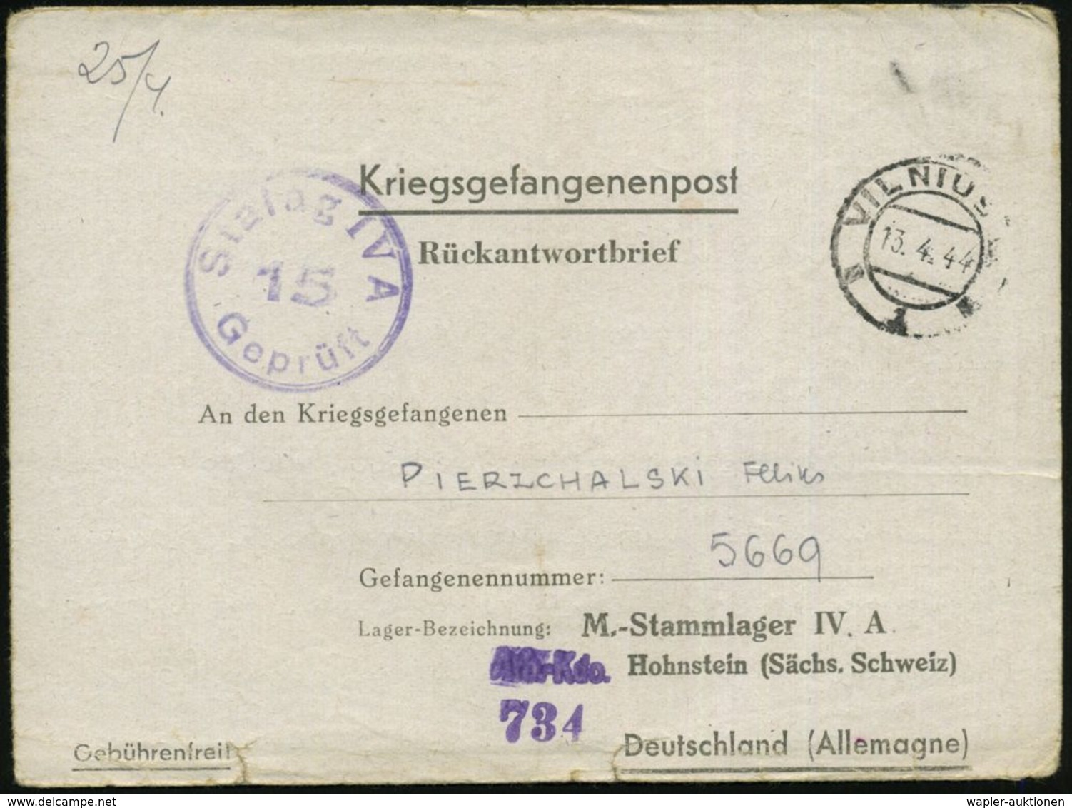 DT.BES.LITAUEN 1944 (13.4.) 2K-Steg: VILNIUS/1 Auf Kgf.-Vordr.-Falt-Bf.: M.-Stammlager IV A Hohnstein (Sächs. Schweiz) ( - Croix-Rouge