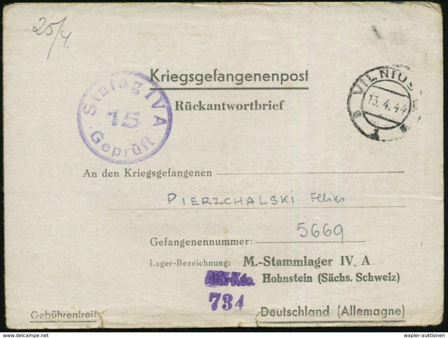 DT.BES.LITAUEN 1944 (13.4.) 2K-Steg: VILNIUS/1 Auf Kgf.-Vordr.-Falt-Bf.: M.-Stammlager IV A Hohnstein (Sächs. Schweiz) ( - Croce Rossa