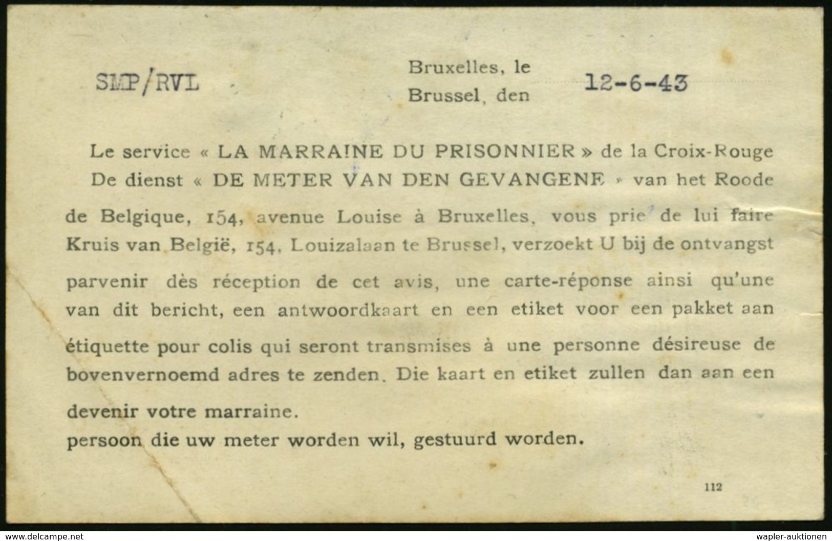 BELGIEN 1943 (15.6.) Rotkreuz-Vordr.-Kt.: CROIX-ROUGE DE BEGIQUE / O.N.S.P.G.  N.D.H.K. (Eckbug) + Viol. Zensur-Ra.3: Ge - Croix-Rouge