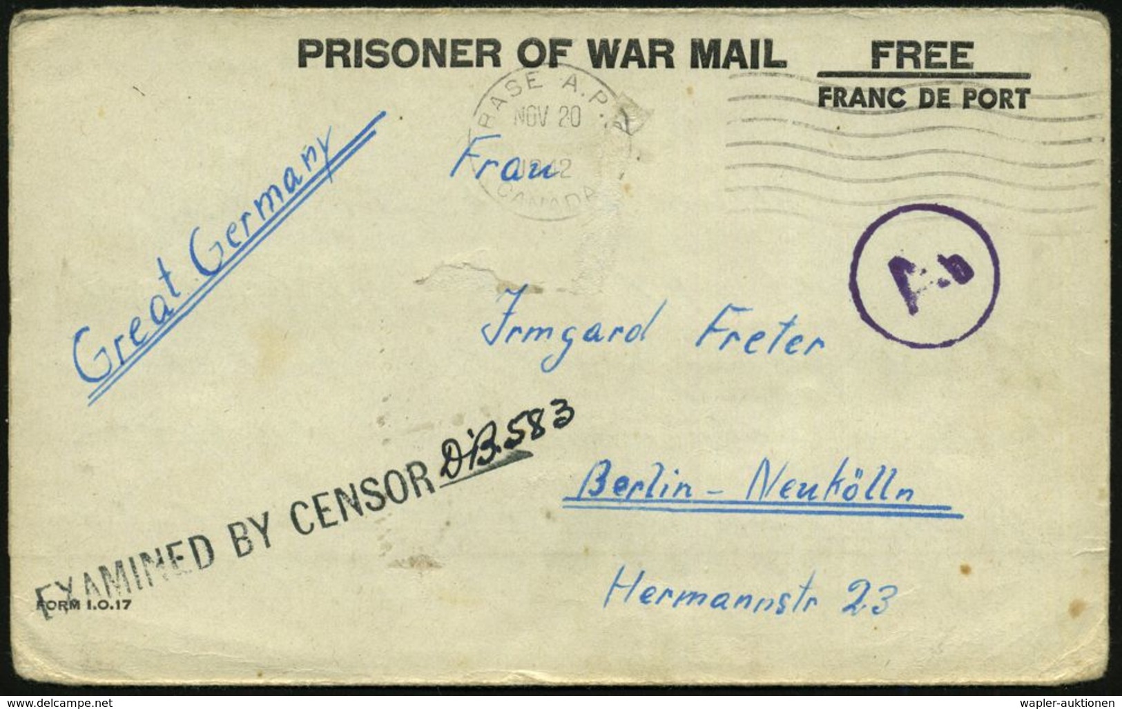 CANADA 1942 (20.11.) MaWellenSt.: BASE A.P.O./CANADA + Schw. Zensur-1L: EXAMINED BY CENSOR + Hs. Ziffern (Wo.5) + Viol.  - Red Cross