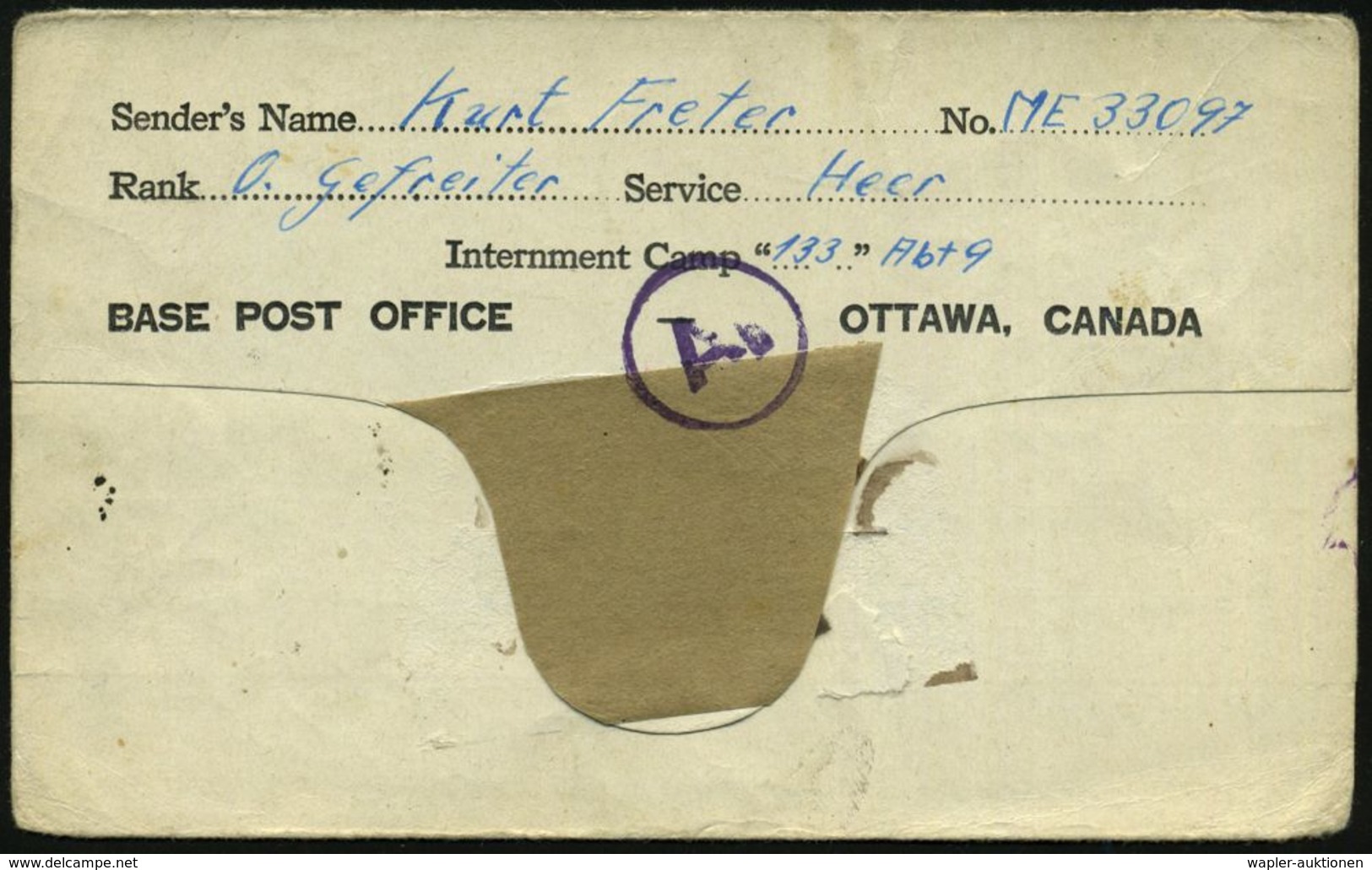 CANADA 1942 (20.11.) MaWellenSt.: BASE A.P.O./CANADA + Schw. Zensur-1L: EXAMINED BY CENSOR + Hs. Ziffern (Wo.5) + Viol.  - Croce Rossa