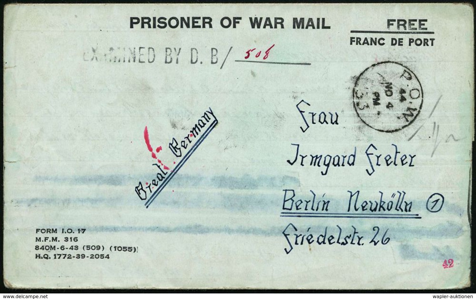 CANADA /  DEUTSCHES REICH 1944 (4.11.) 1K: P.O.W./133 + Schw. Zensur-1L: EXAMINED BY D.B./___ + Hs. Nr. 505 + Rs. Roter  - Red Cross