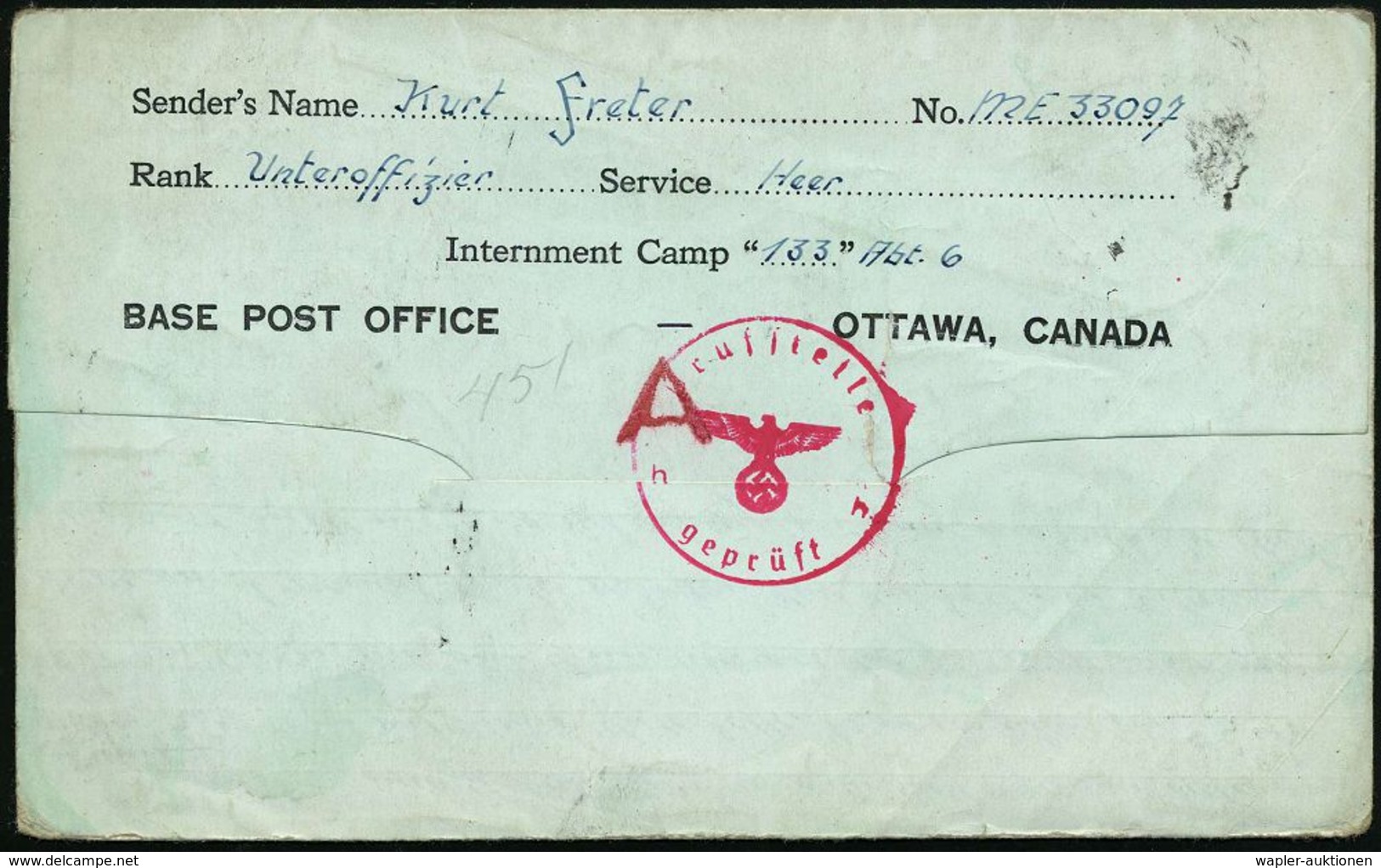 CANADA /  DEUTSCHES REICH 1944 (4.11.) 1K: P.O.W./133 + Schw. Zensur-1L: EXAMINED BY D.B./___ + Hs. Nr. 505 + Rs. Roter  - Rode Kruis