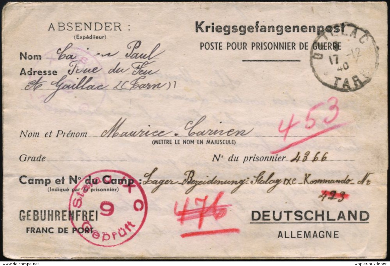 FRANKREICH /  DEUTSCHES REICH 1940 (17.12.) 1K: GAILLAC/TARN + Roter Zensur-1K: Stalag IC C/9/Geprüft = Bad Sulza (Wo.42 - Rode Kruis