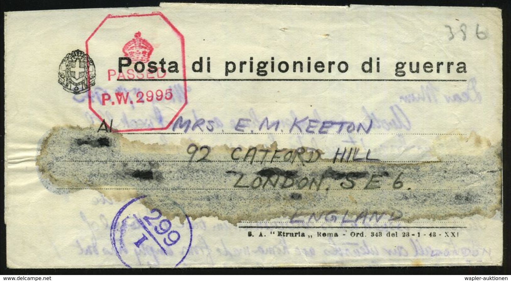 ITALIEN 1943 (17.5.) Schw. MaSt.: UFFICIO CENSURA POSTA AERA/I/VERIFICATO/PER CENSURA Rs. Auf Kgf.-Faltbf.: Posta Di Pri - Croix-Rouge