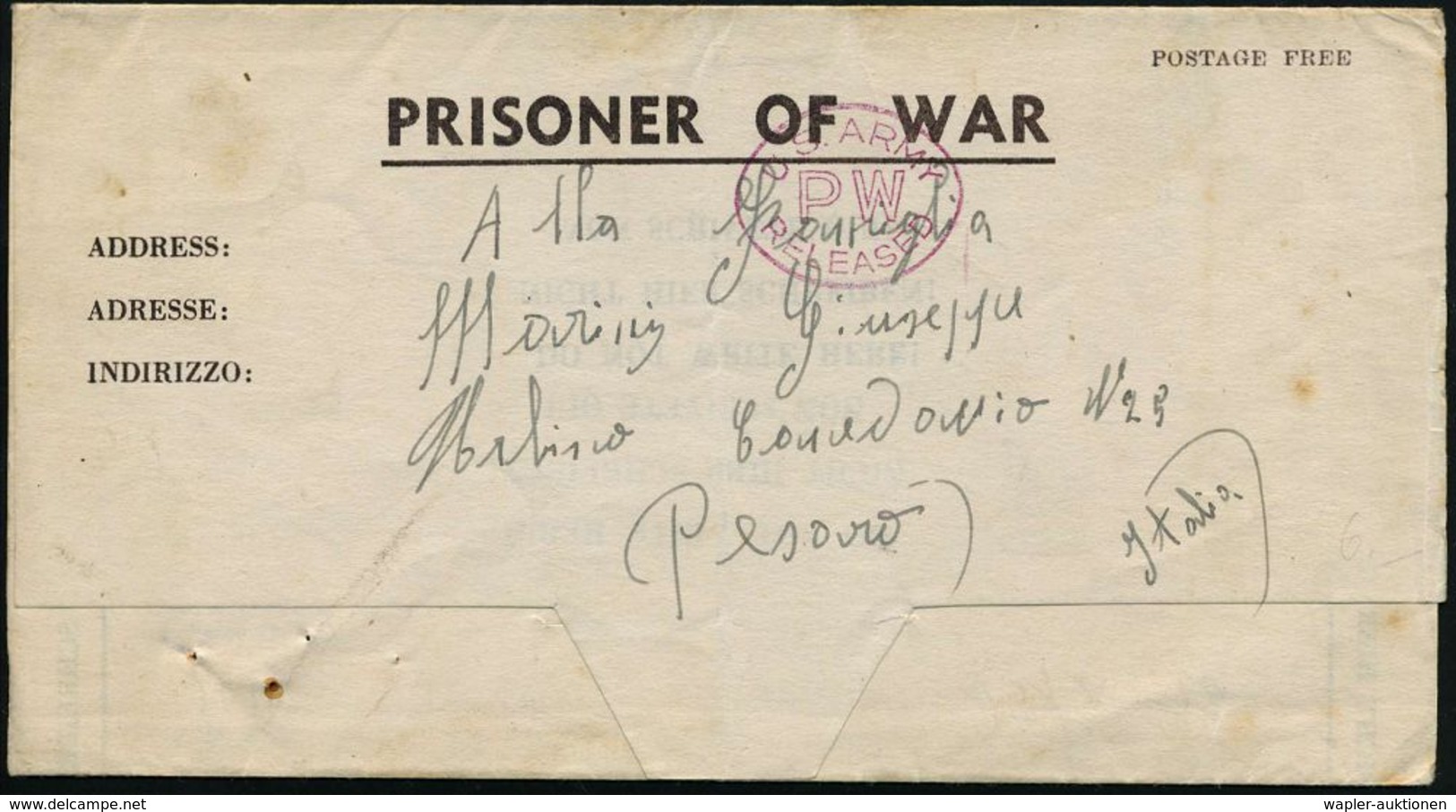 ITALIEN /  U.S.A. 1945 (18.4.) Kgf.-Faltbf. "PRISONER OF WAR" Eines Italieners Im US.Kgf.--Lager Napoli , Viol. Oval: U. - Croce Rossa