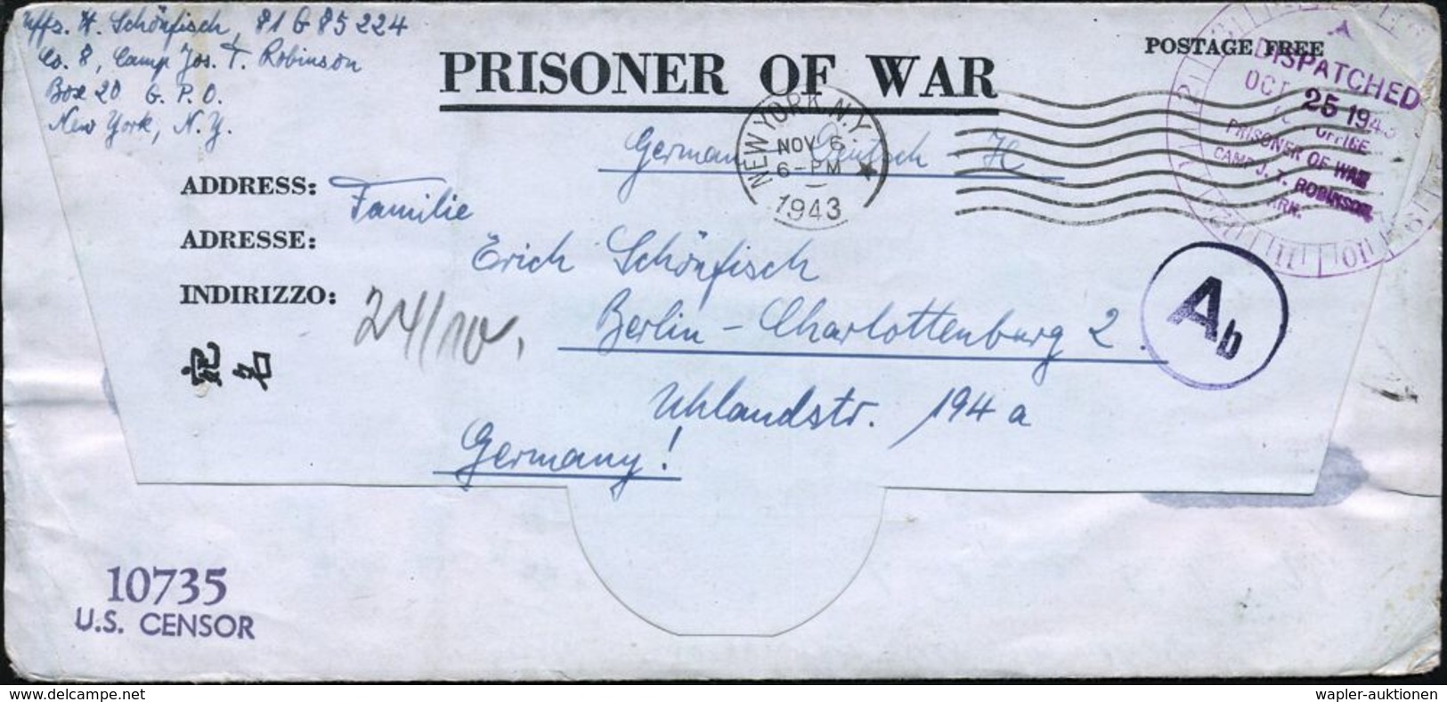 U.S.A. 1943 (6.11.) MaWellenSt.: NEW YORK N.Y. + Roter Datums-2K: DISPATCHED/..PRISONER OF WAR/CAMP J.T. ROBINSON/ ARK.  - Rode Kruis