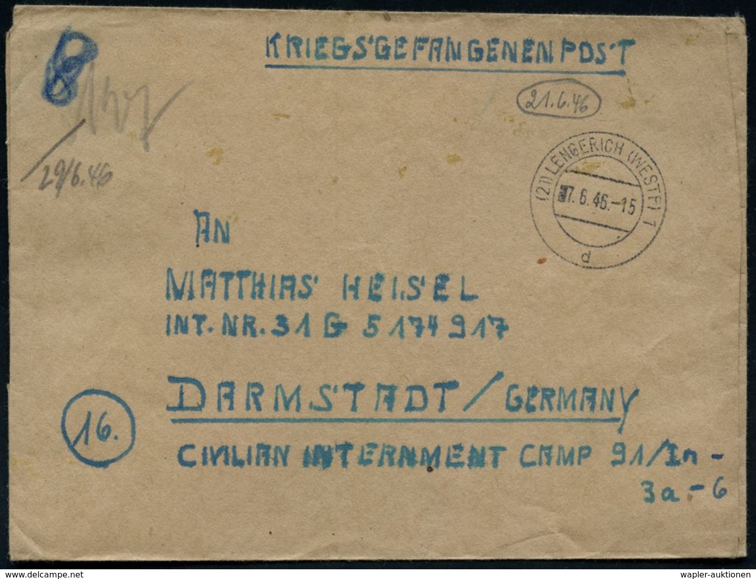 (21) LENGERICH (WESTF)1/ D 1946 (7.6.) 2K-Steg Auf.Kgf-Bf An Das Internierungslager Darmstadt (Camp 91) Für NS-Belastete - Croce Rossa
