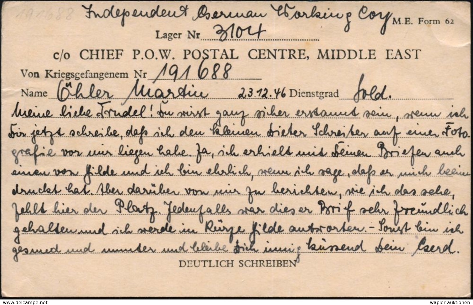 Jöhstadt/ Erzgeb. 1945/46 3 Verschied. Kgf.-Kt. Vom: CHIEF P.O.W. POSTAL CENTRE MIDDLE EAST (Lager 3104 Bzw. 306) 2x Vio - Croce Rossa