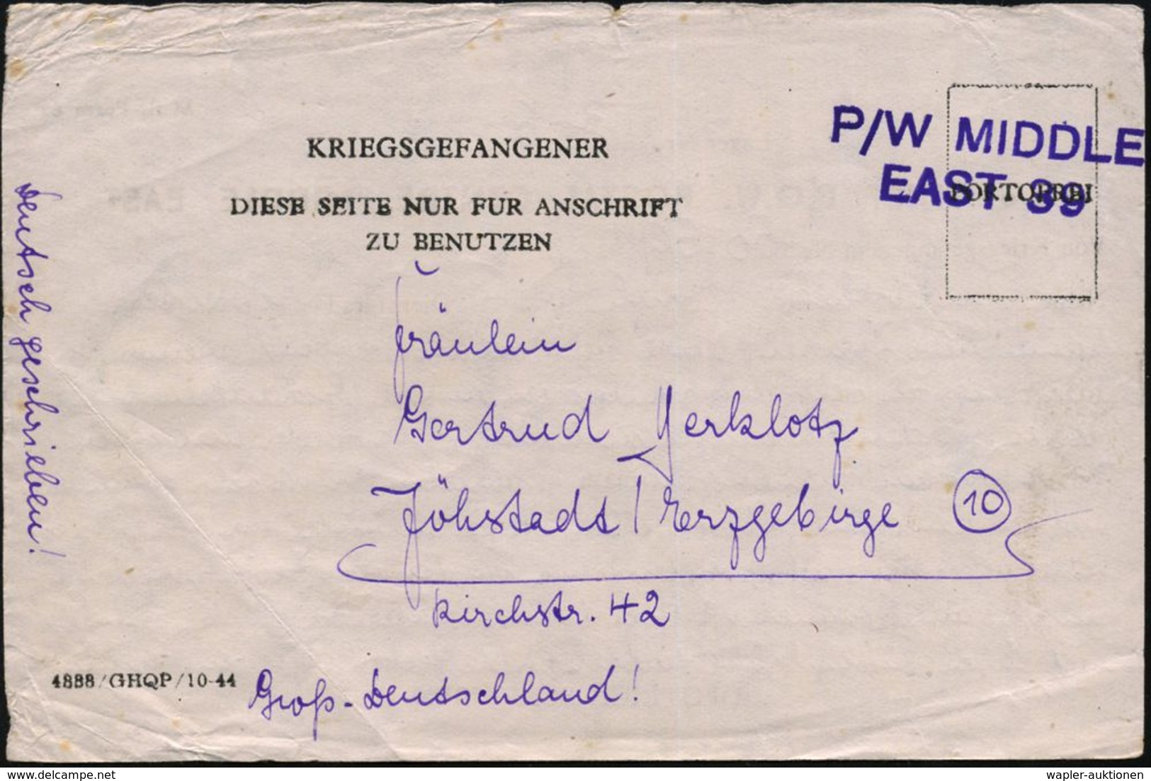 Jöhstadt/ Erzgeb. 1945/46 3 Verschied. Kgf.-Kt. Vom: CHIEF P.O.W. POSTAL CENTRE MIDDLE EAST (Lager 3104 Bzw. 306) 2x Vio - Rode Kruis