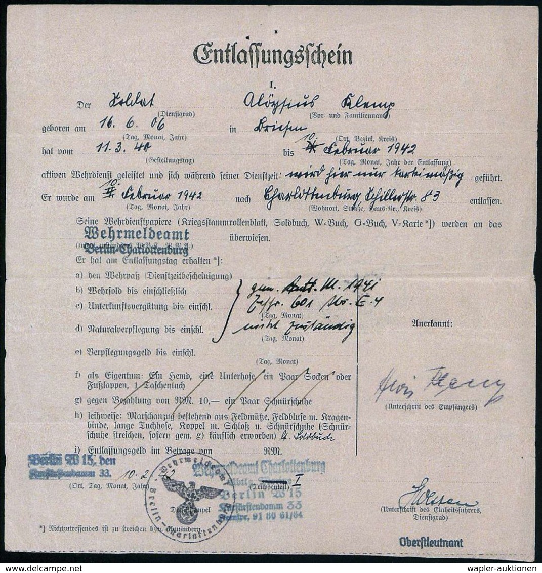 DEUTSCHLAND 1942/56 Dokumentation Eines Deutschen Kgf. In Französ. Kgf.-Schaft: Entlassungsschein Wehrmeldeamt  Berlin ( - Rotes Kreuz