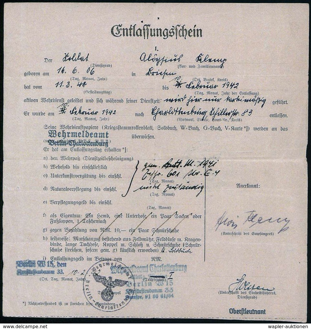 DEUTSCHLAND 1942/56 Dokumentation Eines Deutschen Kgf. In Französ. Kgf.-Schaft: Entlassungsschein Wehrmeldeamt  Berlin ( - Rode Kruis