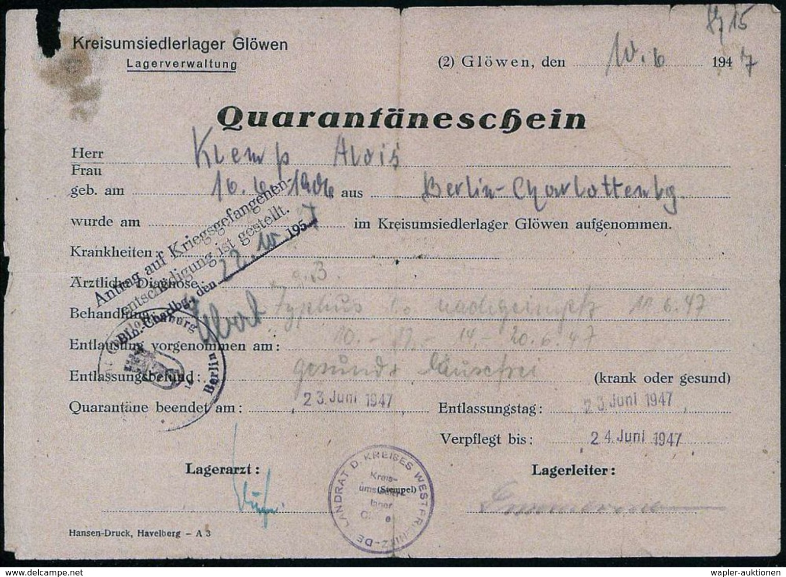 DEUTSCHLAND 1942/56 Dokumentation Eines Deutschen Kgf. In Französ. Kgf.-Schaft: Entlassungsschein Wehrmeldeamt  Berlin ( - Croce Rossa
