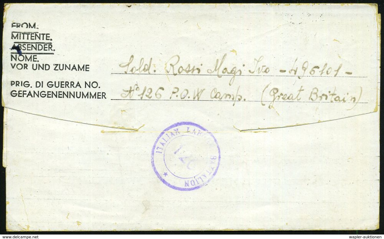 GROSSBRITANNIEN /  ITALIEN 1945 (26.11.) Roter MaWellenSt.: PASSED/P. W. (Krone) Ohne Datum Auf Kgf.-Falt-Vordr.-Bf. Mit - Croce Rossa