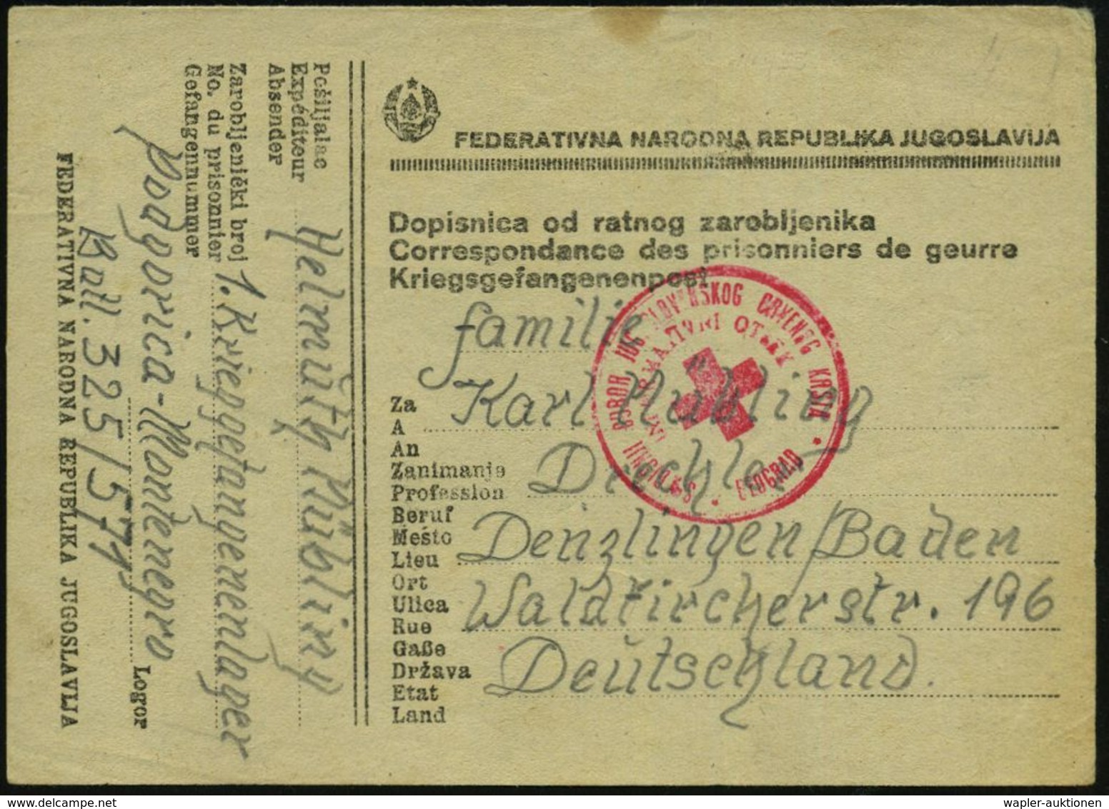 JUGOSLAWIEN /  MONTENEGRO 1946 (17.5.) Roter Rotkreuz-2K: BEOGRAD Auf Kgf.-Vordr.-Kt. (dreisprachiger Vordruck) Hs. Abs. - Croce Rossa