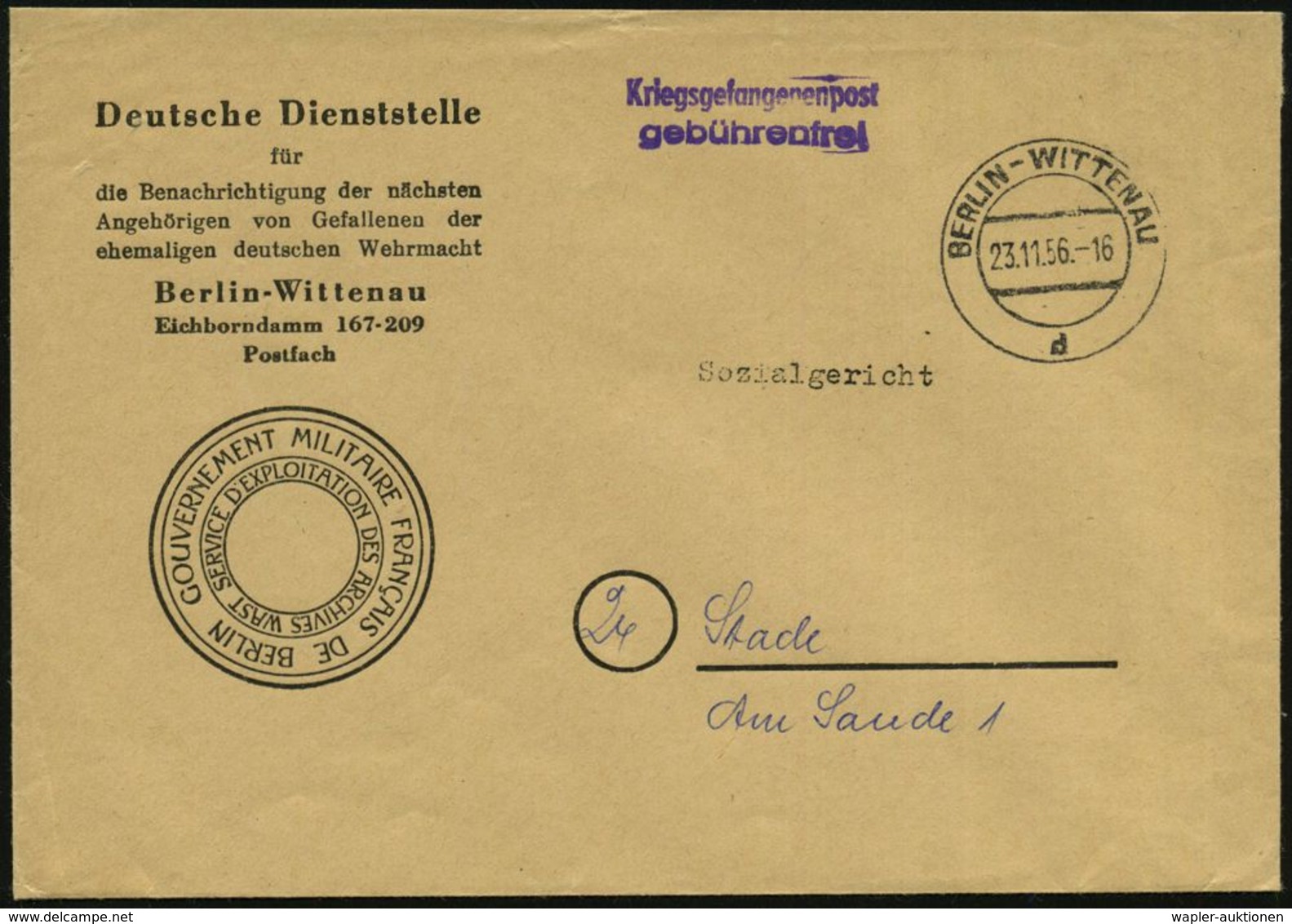 BERLIN-WITTENAU/ D 1956 (11.5.) 2K-Steg + 2L: Kriegsgefangenenpost/gebührenfrei Auf Dienstbf.: GOUV. MIL. FRANCAISE DE B - Croce Rossa