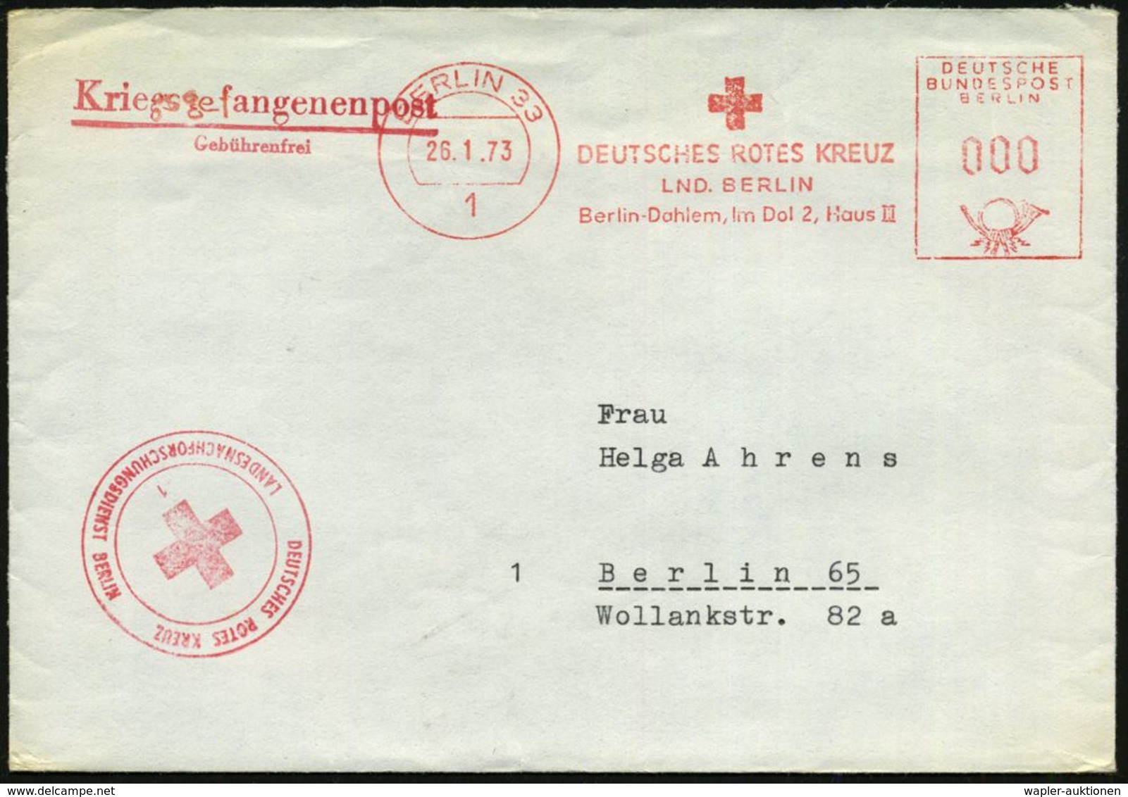 1 BERLIN 33/ DRK/ LND.BERLIN.. 1965 (14.12.) AFS In 000, Da Gebührenfrei + Roter 2L: Kriegsgefangenenpost/ Gebühren-frei - Croix-Rouge