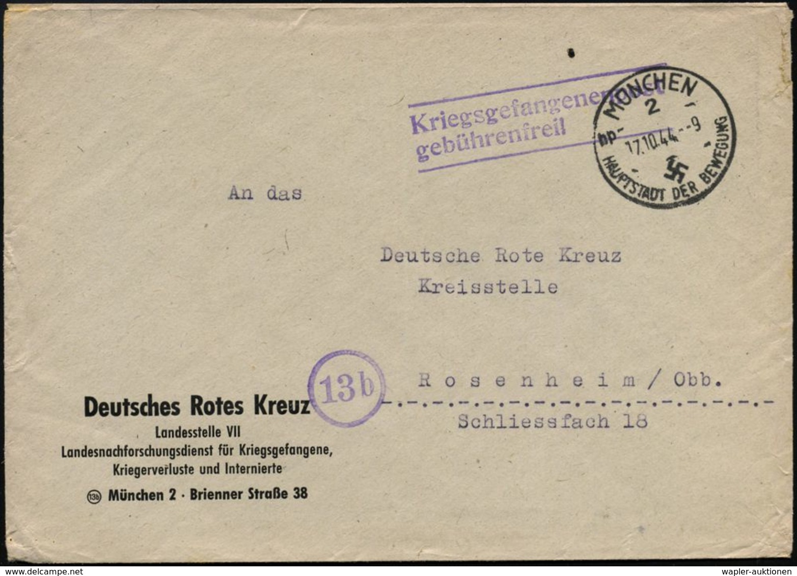 MÜNCHEN/ 2/ HDB 1944 (17.10.) HWSt. + Viol. 2L: Kriegsgefangenenpost/gebührenfrei , Dienst-Bf.: DRK/Landesstelle VII/ La - Rotes Kreuz