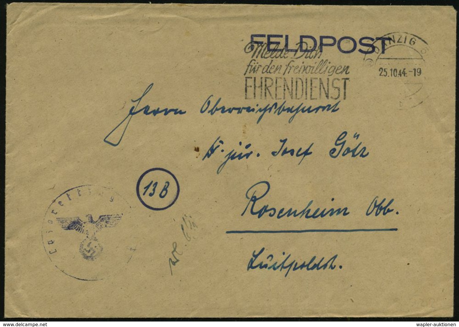 (5a) DANZIG 5/ B/ Melde Dich/ Für Den Freiwilligen/ EHRENDIENST 1944 (25.10.) Seltener MWSt Mit PLGZ (im Ort Teils Etw.s - Geneeskunde