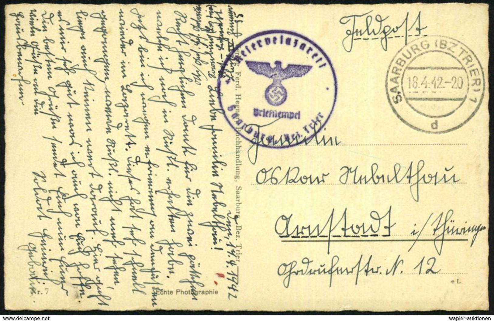 SAARBURG (BZ TRIER) 1/ D 1942 (18.4.) 2K-Steg + Viol. 1K-HdN: Reservelazarett/ Saarburg Bez. Trier + Hs. Abs., Klar Gest - Medicina