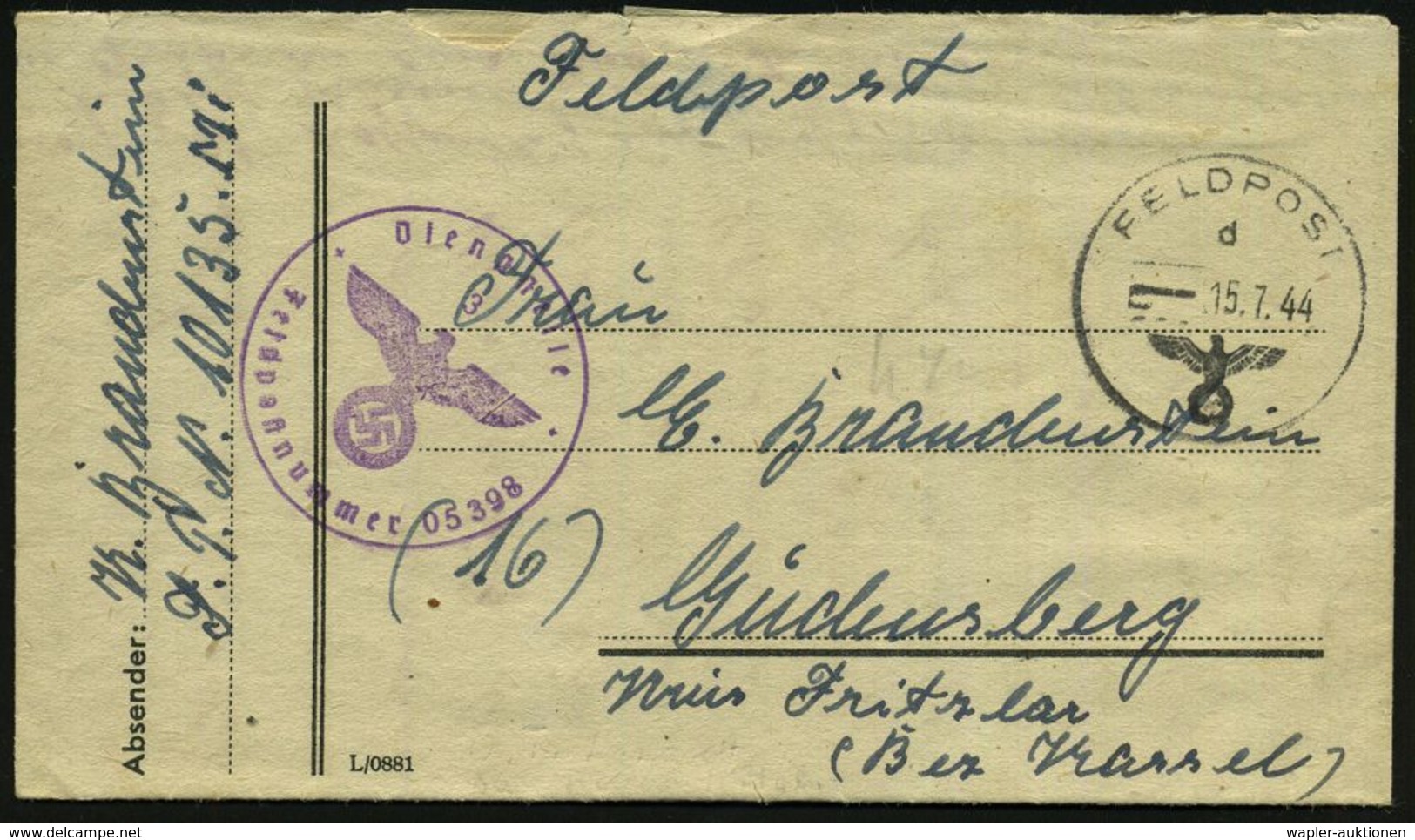 DT.BES.ITALIEN 1944 (15.7.) 1K: FELDPOST/d/--- + Viol. 1K-HdN: Feldpostnummer 05398 = O.T. Groß-Lazarett San Giovanni (I - Médecine