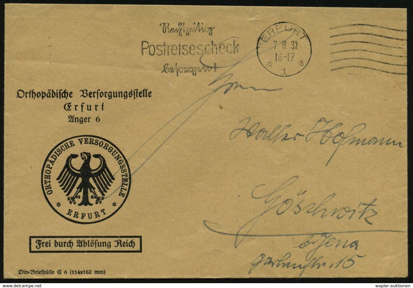 ERFURT/ A1a/ Rechtzeitig/ Postreisescheck/ Besorgen! 1932 (7.11.) MWSt + 6 Wellen Rechts, Teils Sütterlin, Dienst-Bf.: F - Geneeskunde