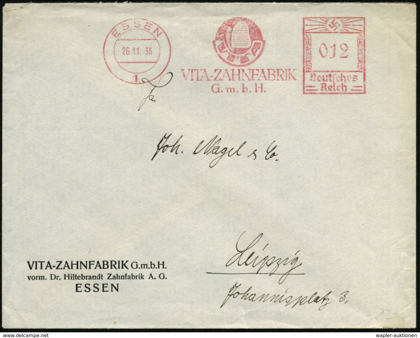 ESSEN/ 1/ VITA-ZAHNFABRIK/ GmbH 1935 (26.11.) AFS = Zahn (Firmen-Logo) Klar Gest. Firmen-Bf. (Dü.E-3CEo) - MEDIZIN / GES - Médecine