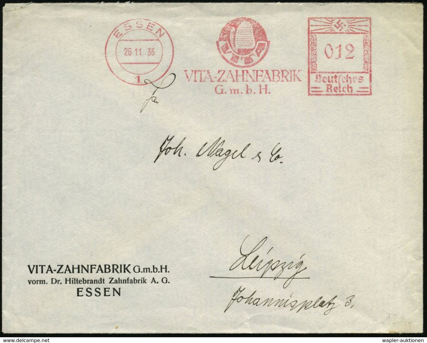ESSEN/ 1/ VITA-ZAHNFABRIK/ GmbH 1935 (26.11.) AFS = Zahn (Firmen-Logo) Klar Gest. Firmen-Bf. (Dü.E-3CEo) - MEDIZIN / GES - Medicina