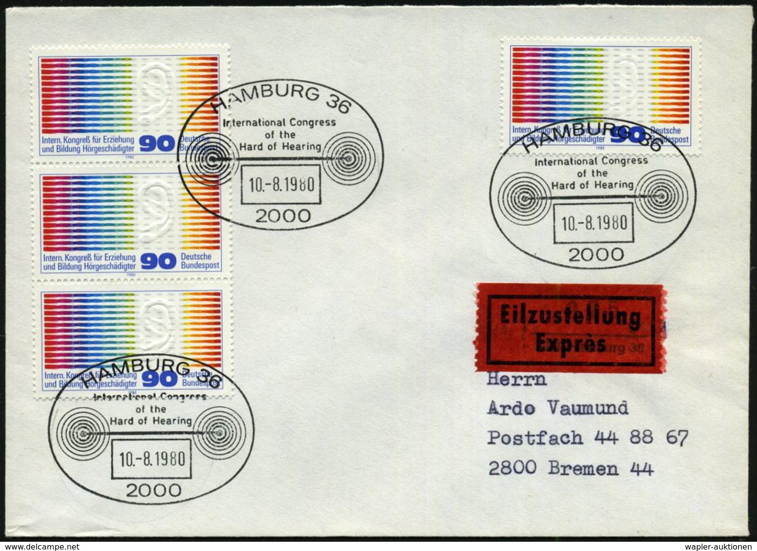 2000 HAMBURG 36/ Internat.Congress/ Of The/ Hard Of Hearing 1980 (10.8.) SSt = Akustik-Symbol 3x Auf Reiner MeF: 4x 90 P - Médecine