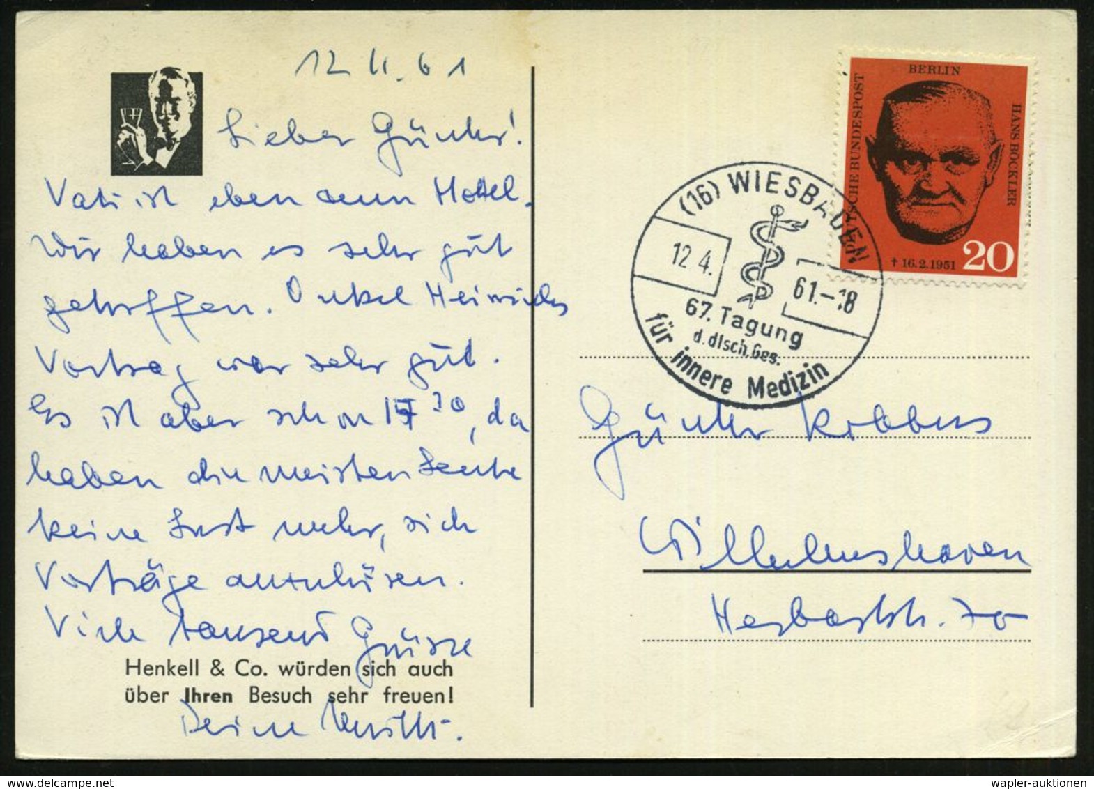 (16) WIESBADEN/ 67.Tagung/ D.dtsch.Ges./ Für Innere Medizin 1961 (12.4.) SS = Aescuapstab (mit Schlange) Klar Gest. Beda - Médecine