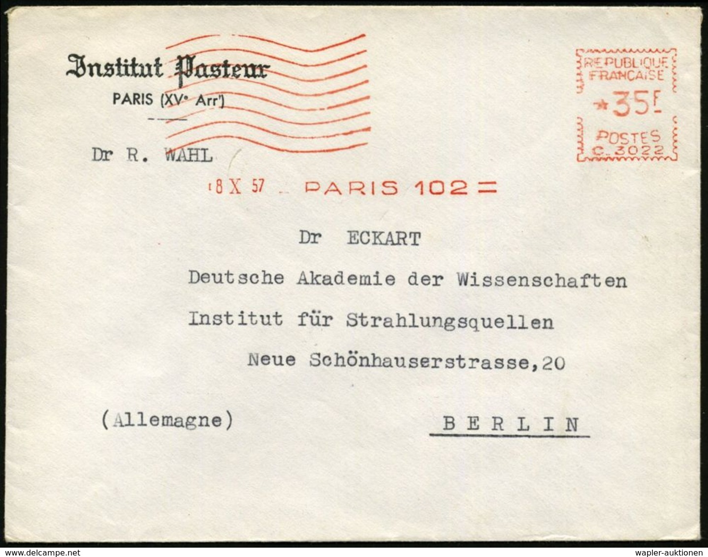 FRANKREICH 1957 (8.10.) AFS.: PARIS 102/C.3022 + 8 Wellen = Institut Pasteur (Louis Pasteur (1822-1895) Entwickelte Impf - Médecine