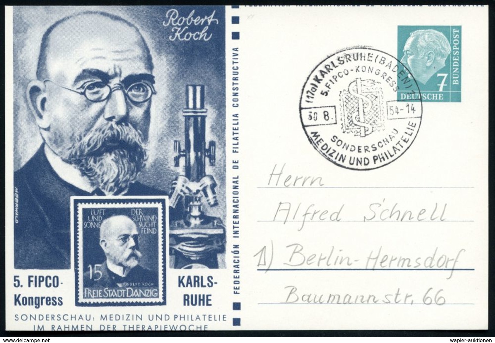 (17a) KARLSRUHE (BADEN)/ 1/ 5.FIPCO-KONGRESS/ ..MEDIZIN U.PHILATELIE 1954 (30.8.) SSt Auf PP 7 Pf. Heuss: Robert Koch, 5 - Geneeskunde