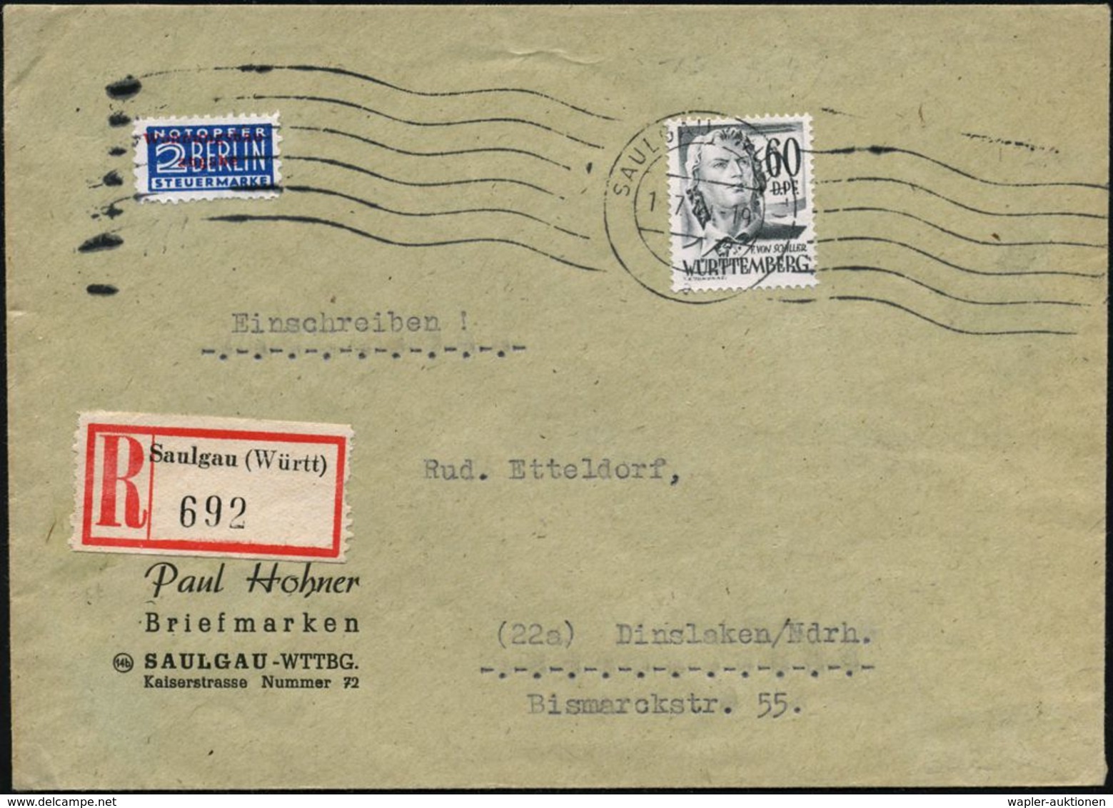 WÜRTTEMBERG 1949 (13.7.) 60 Pf. Schiller Grau, EF + 2 Pf. Wohnungsbau (Mi.2a EZ A) WellenSt. + RZ: Saulgau (Württ),  Fer - Medizin