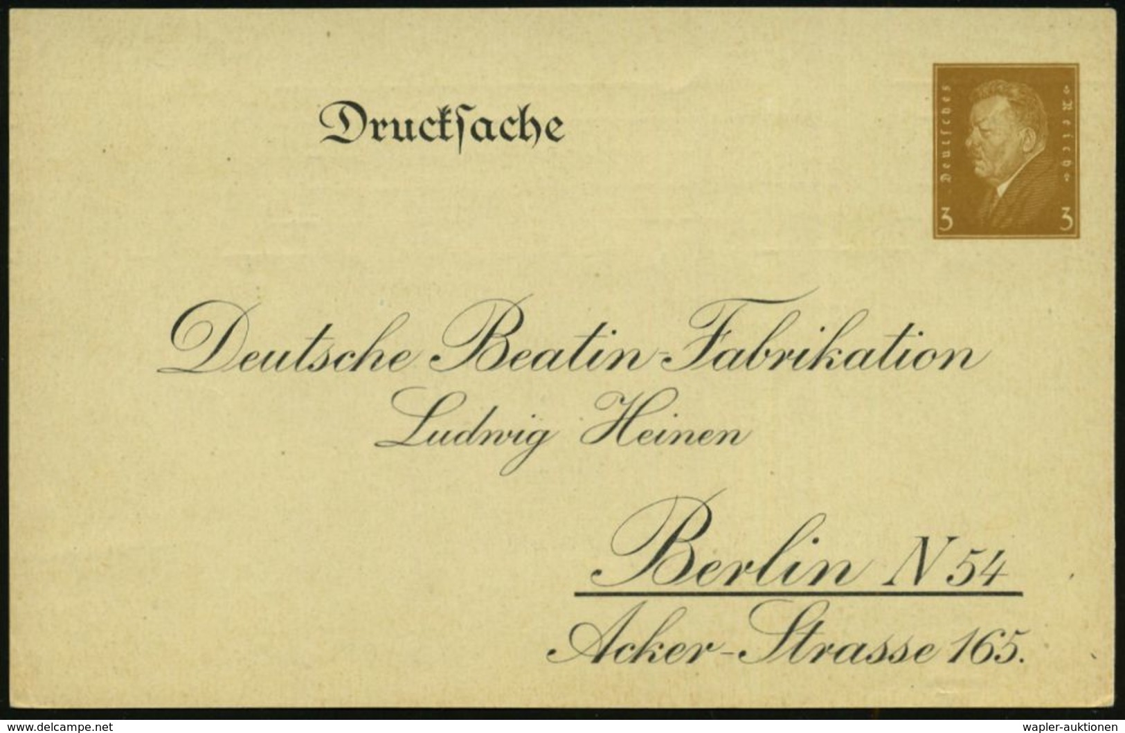 Berlin N 54 1931 Reklame-PP 3 Pf. Ebert: Famel's Beatin/Ludwig Heinen.. = Packung U. Flasche "Beatin" (= Bronchialmittel - Farmacia