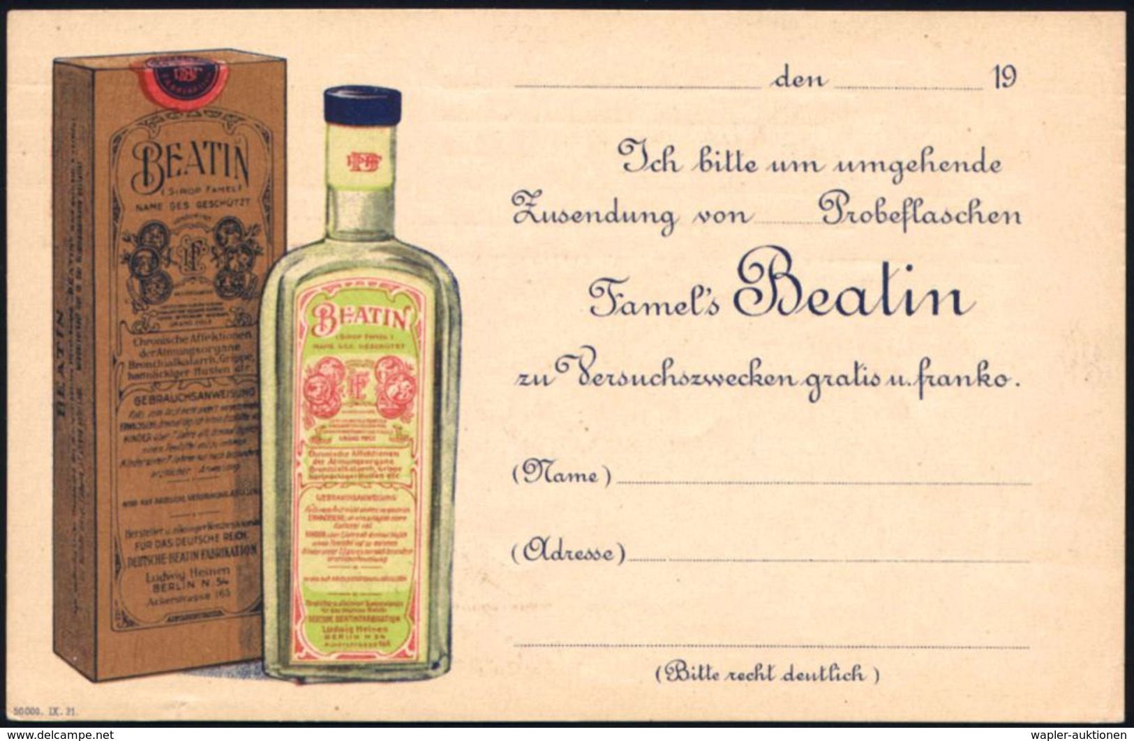 Berlin N 54 1931 Reklame-PP 3 Pf. Ebert: Famel's Beatin/Ludwig Heinen.. = Packung U. Flasche "Beatin" (= Bronchialmittel - Apotheek