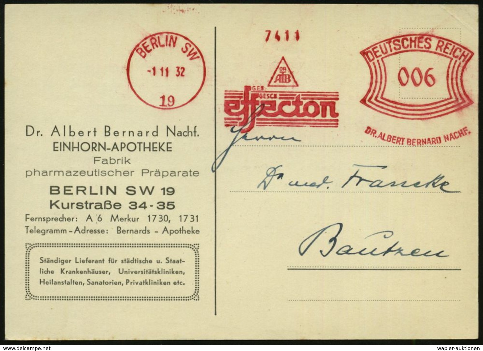 BERLIN SW/ 19/ DR/ AB/ GES./ GESCH./ Effecton/ DR.ALBERT BERNARD NACHF. 1932 (1.11.) AFS Auf Firmen-Kt.: Dr. Alb. Bernar - Apotheek