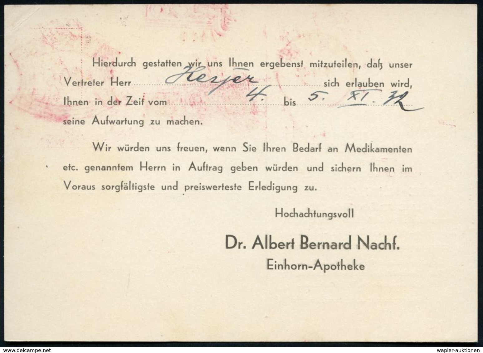 BERLIN SW/ 19/ DR/ AB/ GES./ GESCH./ Effecton/ DR.ALBERT BERNARD NACHF. 1932 (1.11.) AFS Auf Firmen-Kt.: Dr. Alb. Bernar - Farmacia