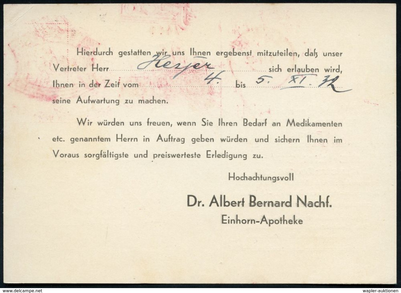 BERLIN SW/ 19/ DR/ AB/ GES./ GESCH./ Effecton/ DR.ALBERT BERNARD NACHF. 1932 (1.11.) AFS Auf Firmen-Kt.: Dr. Alb. Bernar - Apotheek