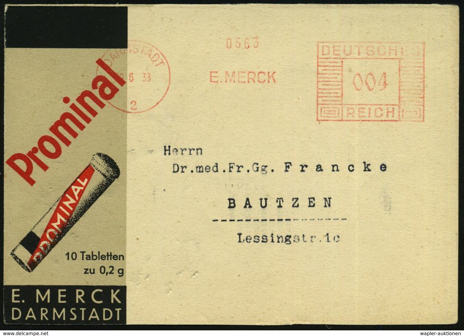 DARMSTADT/ 2/ E.MERCK 1933 (29.6.) AFS Auf (halber) Color-Reklame-Kt.: Prominal (Dü.E-2CEh) - PHARMAZIE / MEDIKAMENTE -  - Apotheek