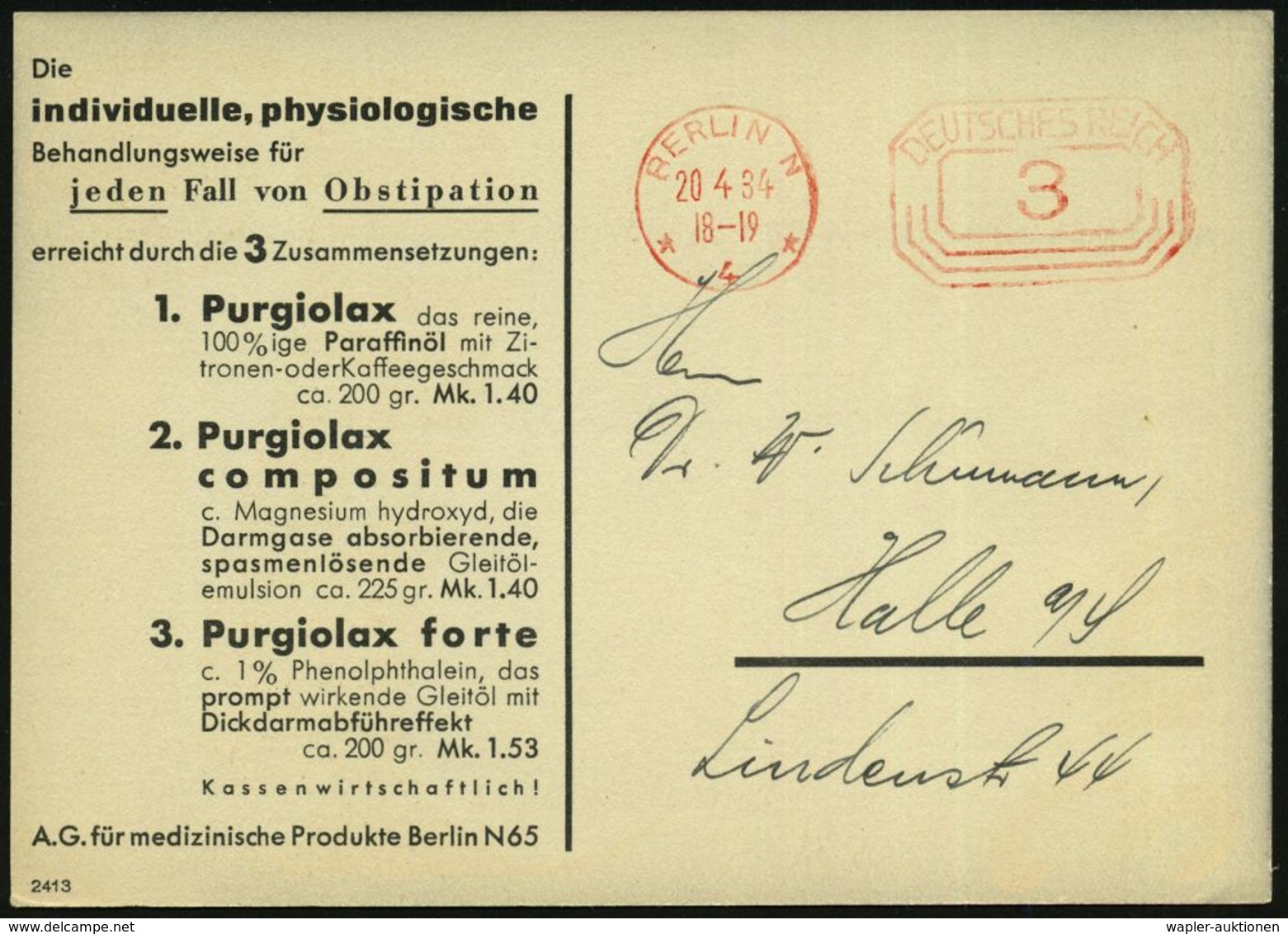 BERLIN/ *4* 1934 (20.4.) PFS 3 Pf. Auf Zweifarbiger Reklame-Künstler-Kt.: PURGIOLAX.. (= A.G. Für Medizinische Produkte  - Apotheek