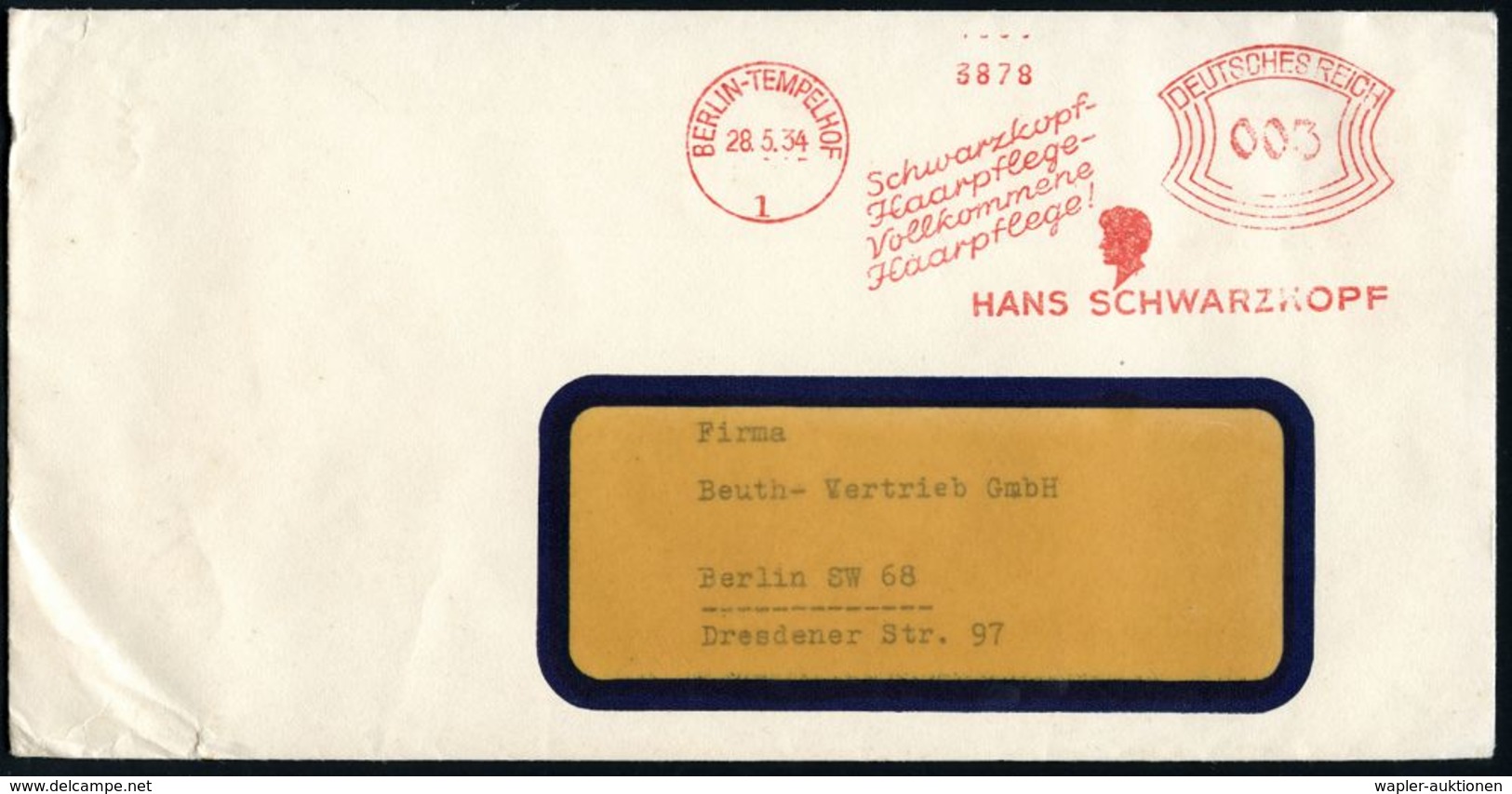 BERLIN-TEMPELHOF/ 1/ Schwarzkopf-/ Haarpflege-../ HANS SCHWARZKOPF 1934 (28.5.) AFS = Kopfsilhouette (= Firmen-Logo) Kla - Apotheek