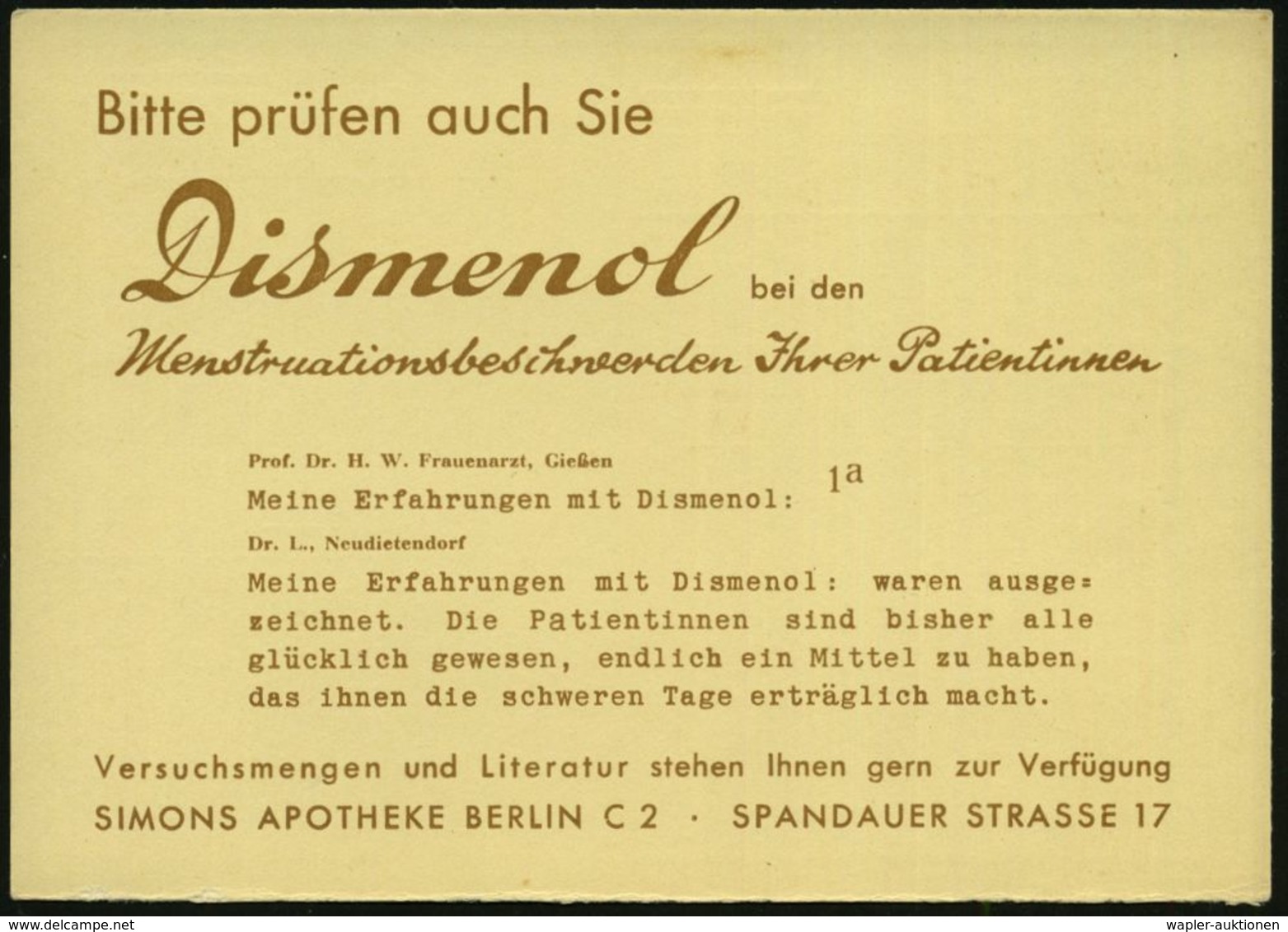 BERLIN C/ 2/ ANNO DOMINI/ 1488/ Simon 1935 (16.4.) AFS Auf (halber) Reklame-Ak: Simons Apotheke, Dismenol Bei Menstruati - Apotheek