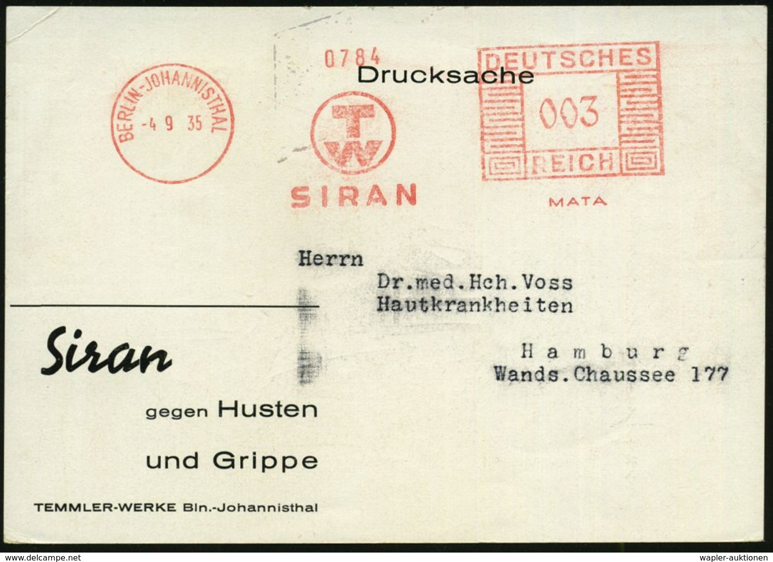 BERLIN-JOHANNISTHAL/ TW/ SIRAN/ MATA 1935 (4.9.) AFS (Monogr. TW = Temmler-Werke) Auf Reklame-Kt.: Siran = Schattenriß A - Farmacia