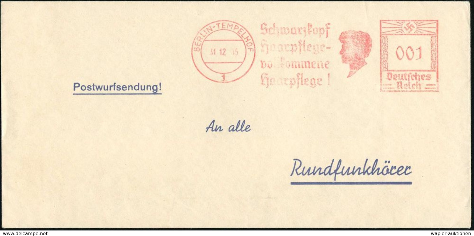 BERLIN-TEMPELHOF/ 1/ Schwarzkopf/ Haarpflege-/ Vollkommene/ Haarpflege! 1935 (31.8.) AFS 001 Pf. (= Logo Kopfsilhouette) - Apotheek