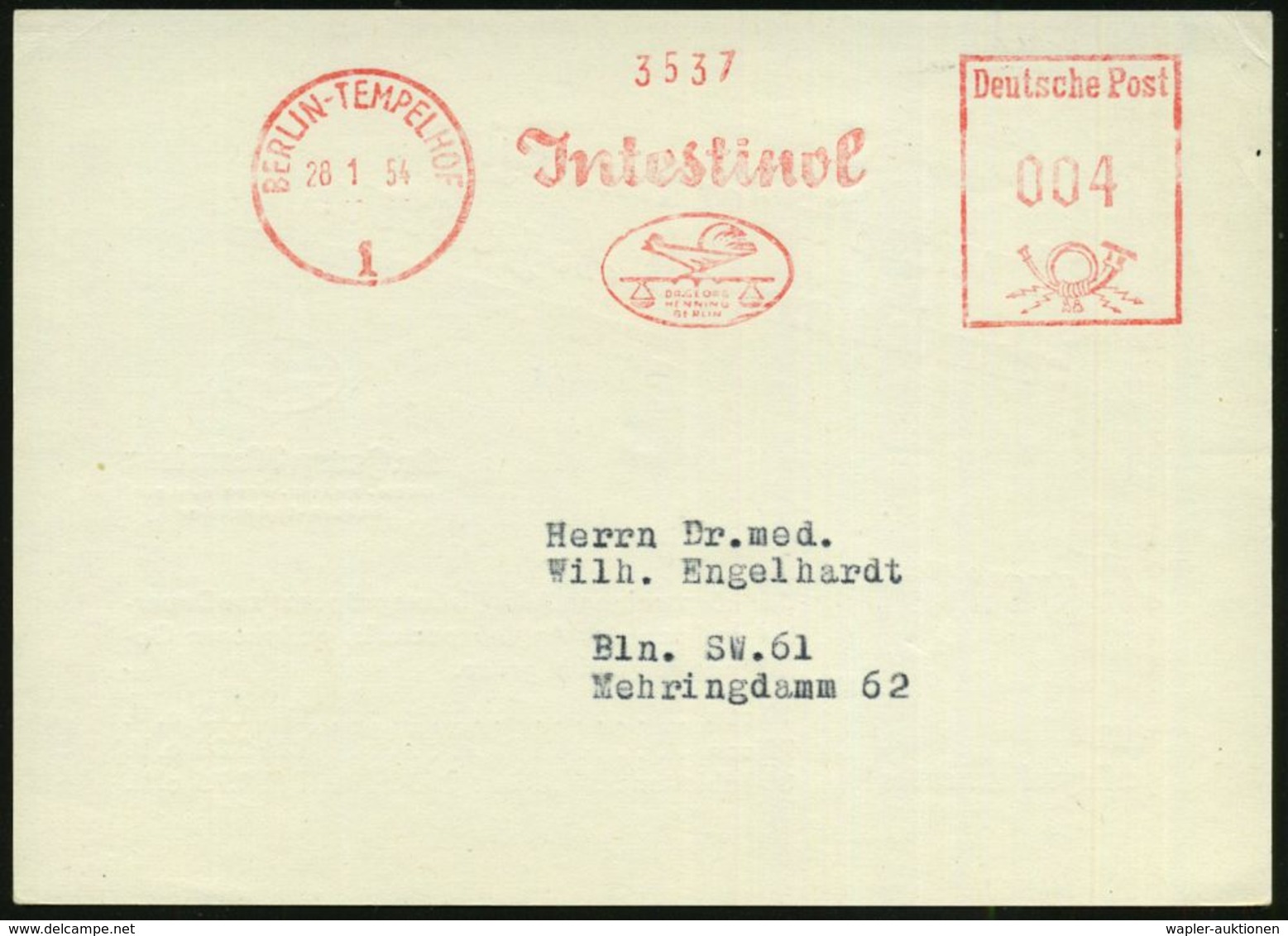 BERLIN-TEMPELHOF/ 1/ Jntestinol/ DR.GEORG/ HENNIG.. 1954 (28.1.) AFS = Hahn Auf Waage (= Firmen-Logo) Braune Reklame-Kt. - Farmacia